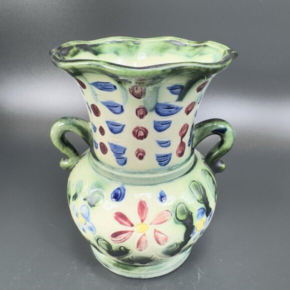 Vintage Japanese Ceramic Vase With Handles Vessel With Majolica Floral Pattern - Picture 12 of 16